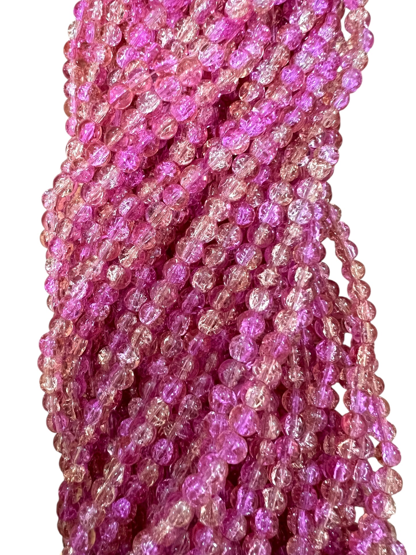Multi Dark Pink & Orange Crackle Glass Beads 8mm