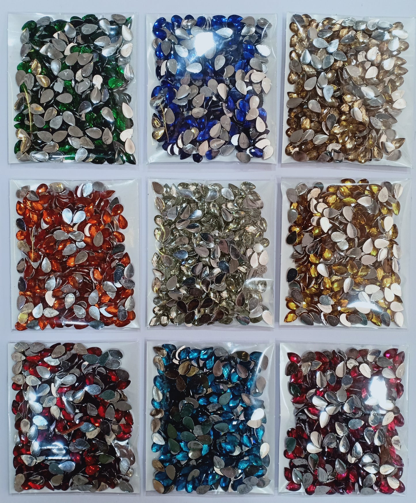 8x5mm Drop Multicolour Kundan Beads Set of 9 Colours With Free Fabric Glue Pack of 2700 Pieces