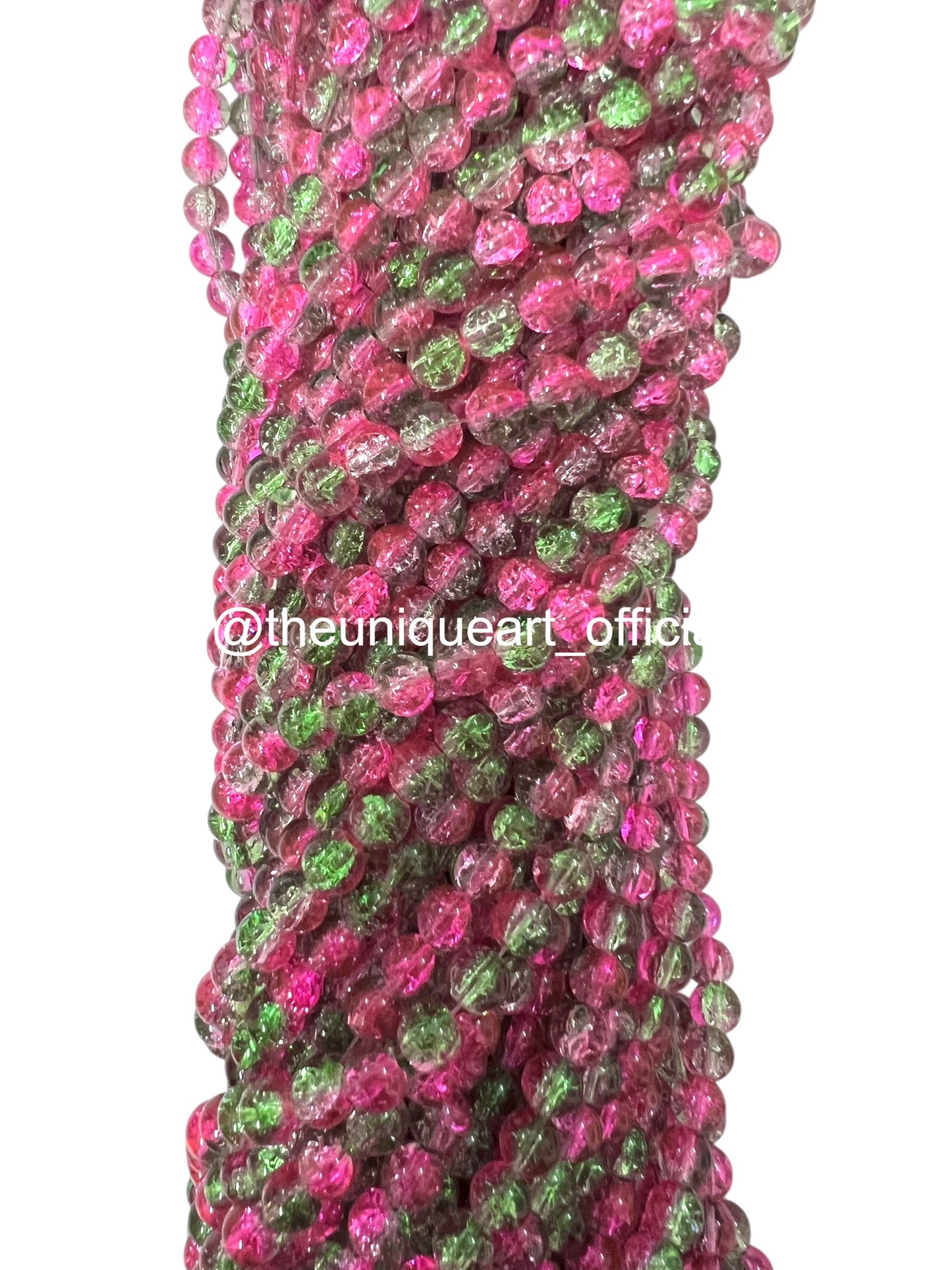 Multi Dark Pink & Green Crackle Glass Beads 8mm
