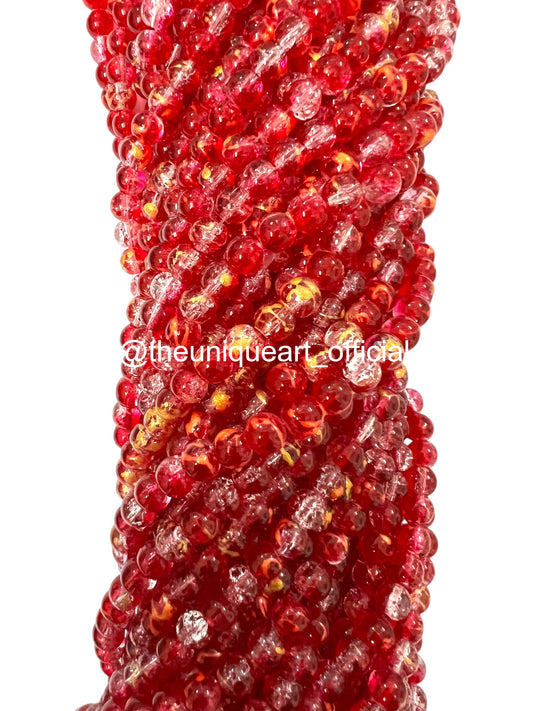 Dual Red Crackle Glass Beads 8mm