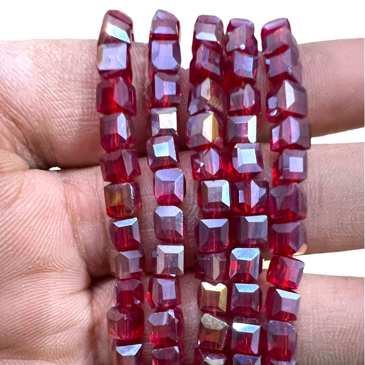 Loose 6x6mm maroon square rainbow glass crystal cube beads with iridescent finish for jewellery making