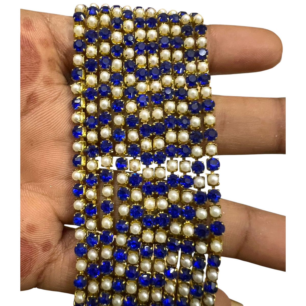 Shiny pearl with blue stone rhinestone cup chain with a brass setting for jewellery designing