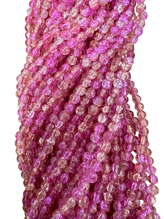 Multi Dark Pink & Orange Crackle Glass Beads 8mm