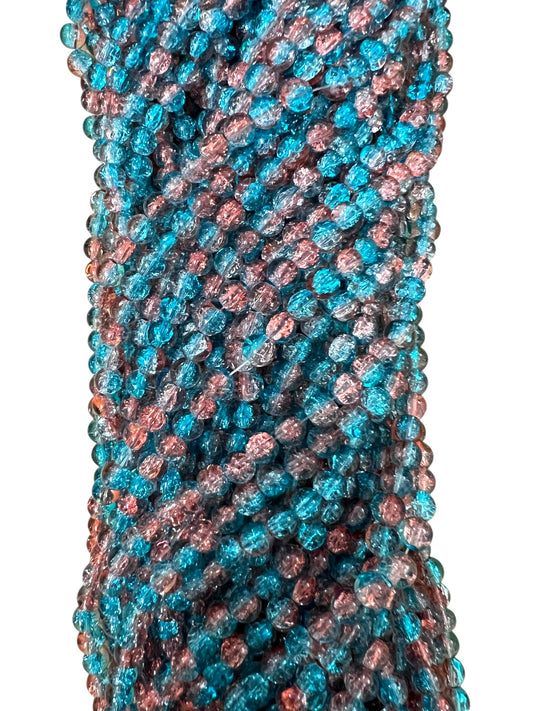 Multi Peach & Firozi Green Crackle Glass Beads 8mm