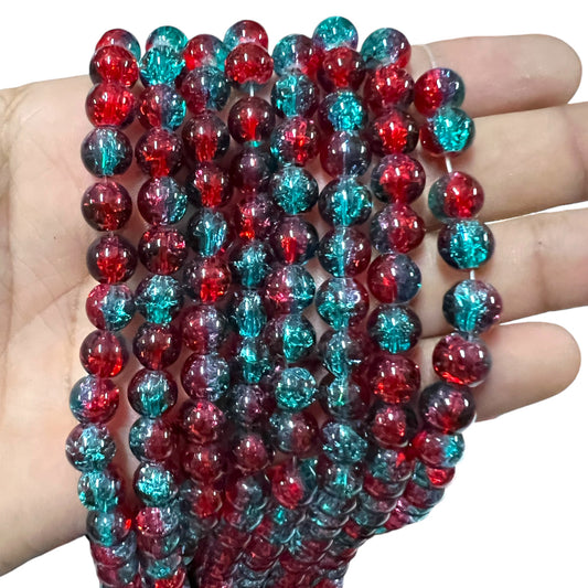 Multi Maroon & Rama Green Crackle Glass Beads 8mm