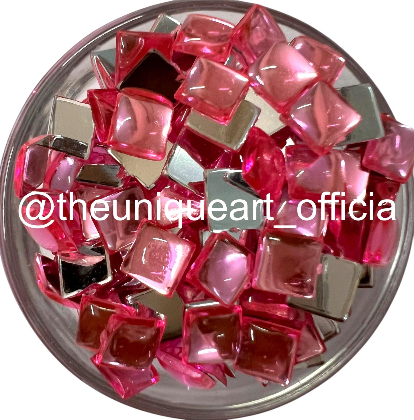Pink 8x8mm square acrylic flat base beads for jewellery making and Aari embroidery.