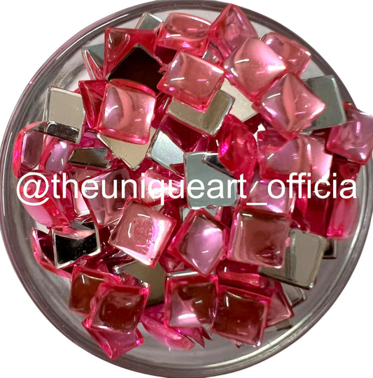 Pink 8x8mm square acrylic flat base beads for jewellery making and Aari embroidery.