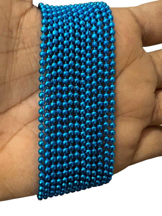 Shiny 2mm light blue ball chain close-up, perfect for delicate jewelry making, custom keychains, and artistic DIY craft projects.