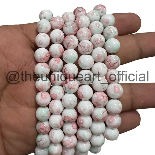 Baby Pink Marble Printed Glass Beads 8mm