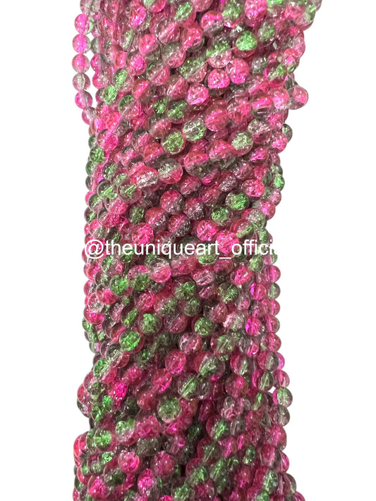 Multi Dark Pink & Green Crackle Glass Beads 8mm