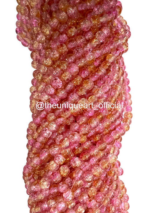 Multi Pink & Orange Crackle Glass Beads 8mm
