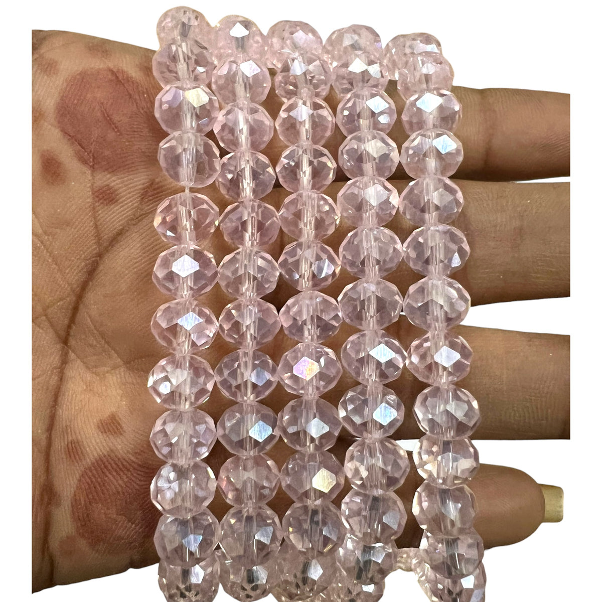 Shop stunning 8mm pink rainbow glass crystal round beads for jewellery making. Iridescent green finish perfect for DIY statement bracelets and crafts