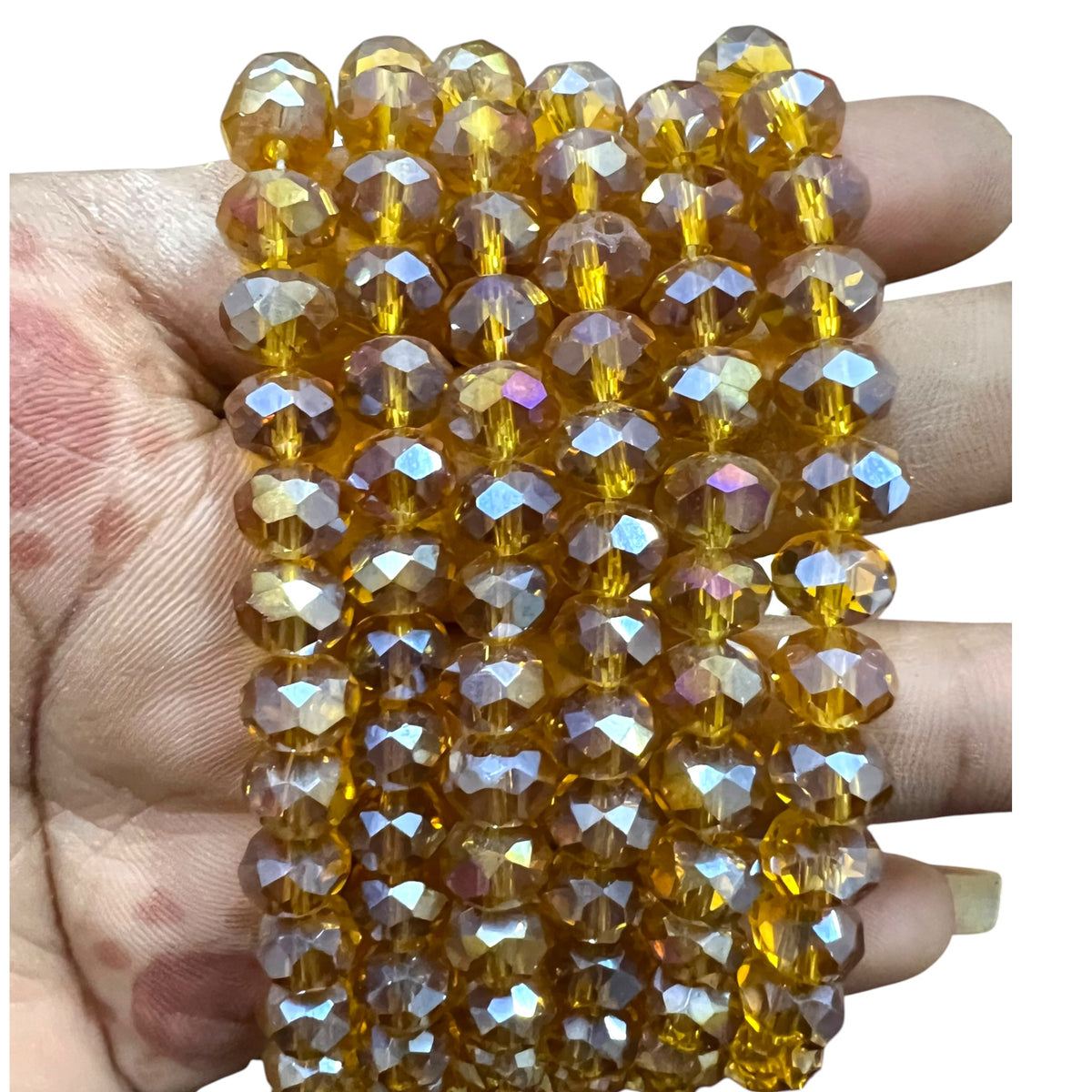 Shop stunning 8mm golden rainbow glass crystal round beads for jewellery making. Iridescent green finish perfect for DIY statement bracelets and crafts