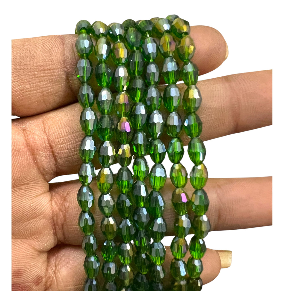 A full strand of shiny 4x6mm green rainbow faceted glass crystal rondelle beads