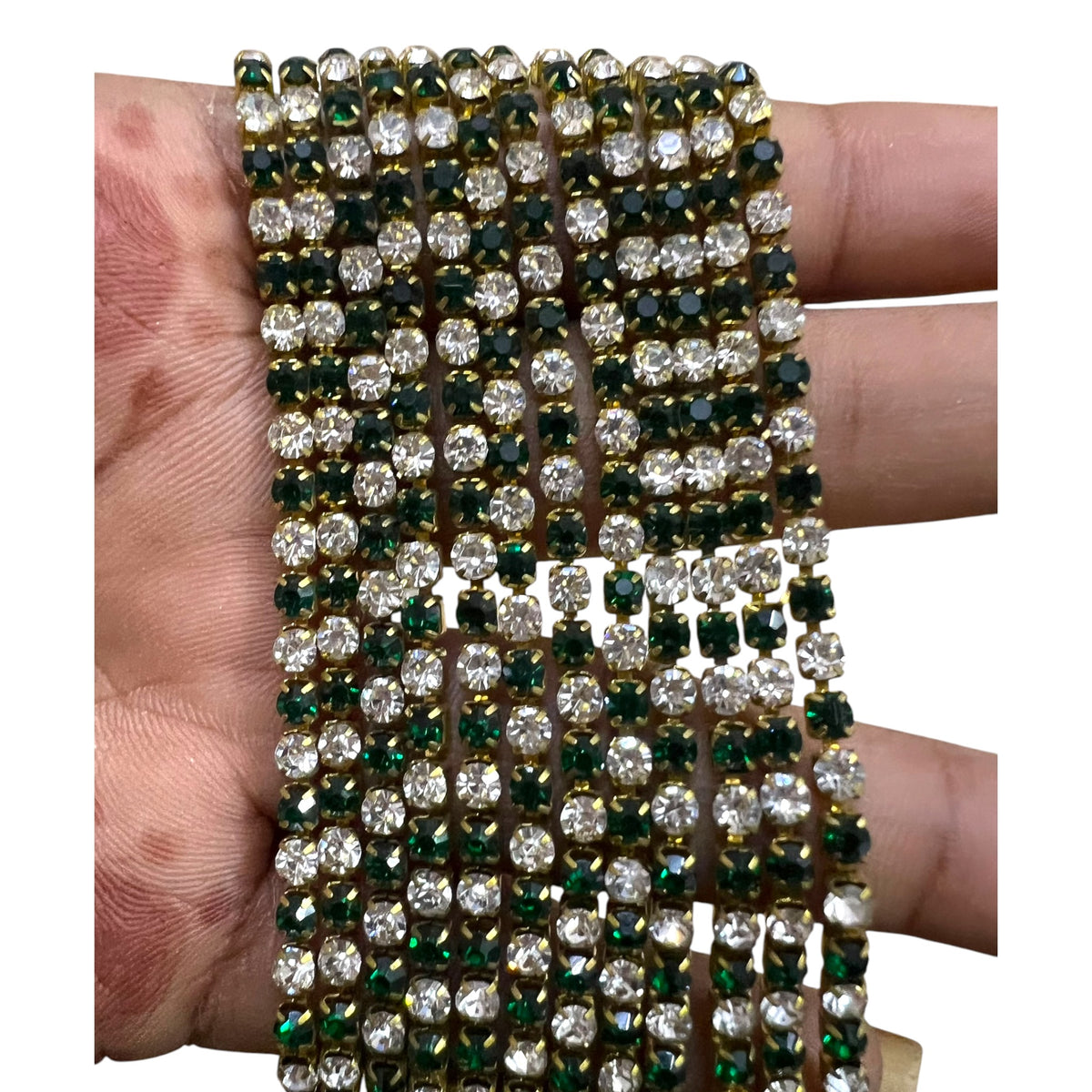 Shiny silver with green stone rhinestone cup chain with a brass setting for jewellery designing