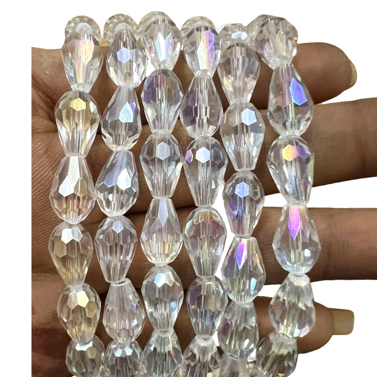 Faceted white rainbow glass crystal drop beads with iridescent finish for DIY jewellery making