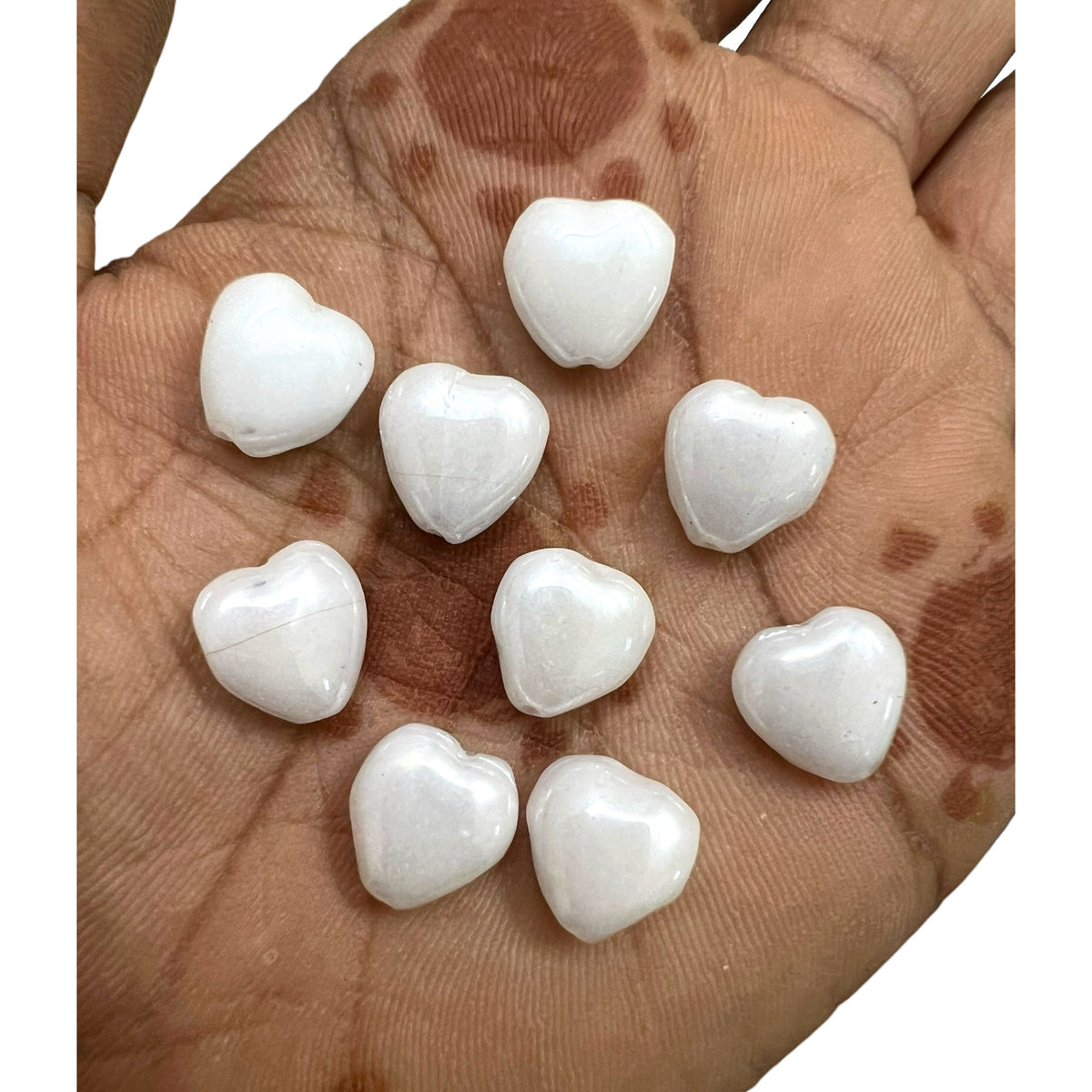12mm White Heart Glass Beads Middle Hole (50pcs)