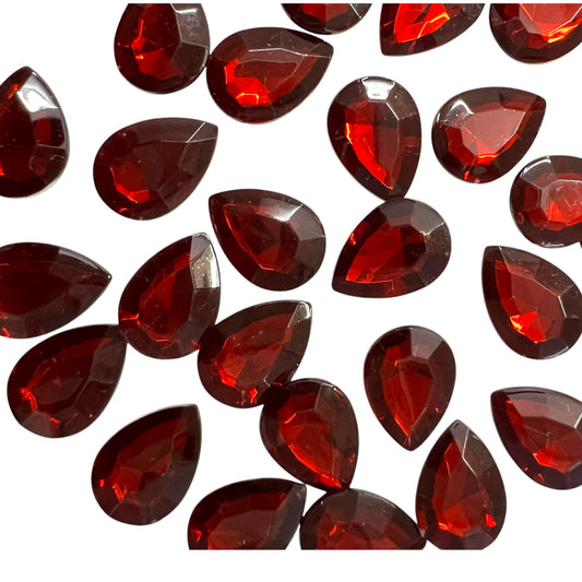 Pack of faceted maroon 13x18mm teardrop acrylic stone beads with shiny crystal-cut edges for jewelry making and craft projects